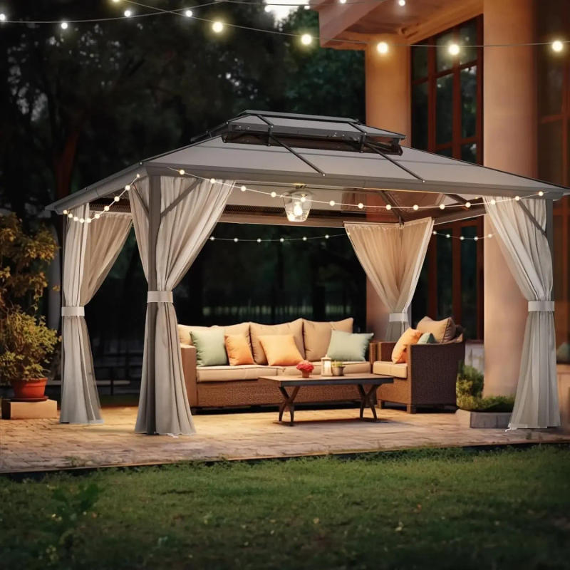 Description Picture 2 of item10’ x 12’/10’ x 13’ Outdoor Hardtop Gazebo Polycarbonate Double Roof Canopy Aluminum Frame Pavilion with Curtains