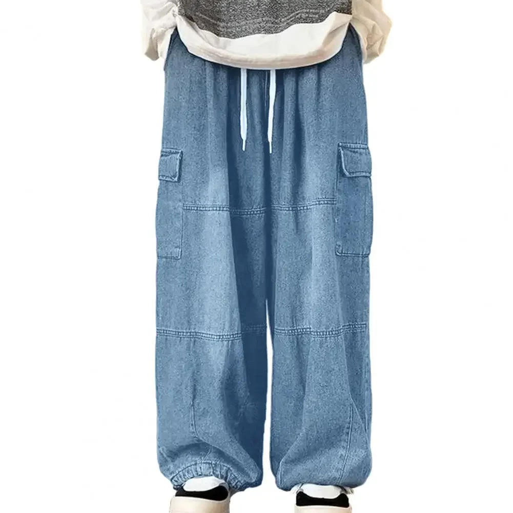 Description Picture 6 of itemCargo Jeans Versatile Cargo Pants Elastic Waist Multiple Pockets Wide Leg Trousers in Solid Color Baggy Denim Stylish