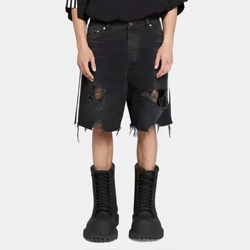 Description Picture 4 of itemStreet Y2K Shorts Heren Gestreept Stiksel Gescheurd Kwast Denim Shorts Trendy Modieus Losgewassen Jeans Drie-Bar Raw Edge Broek