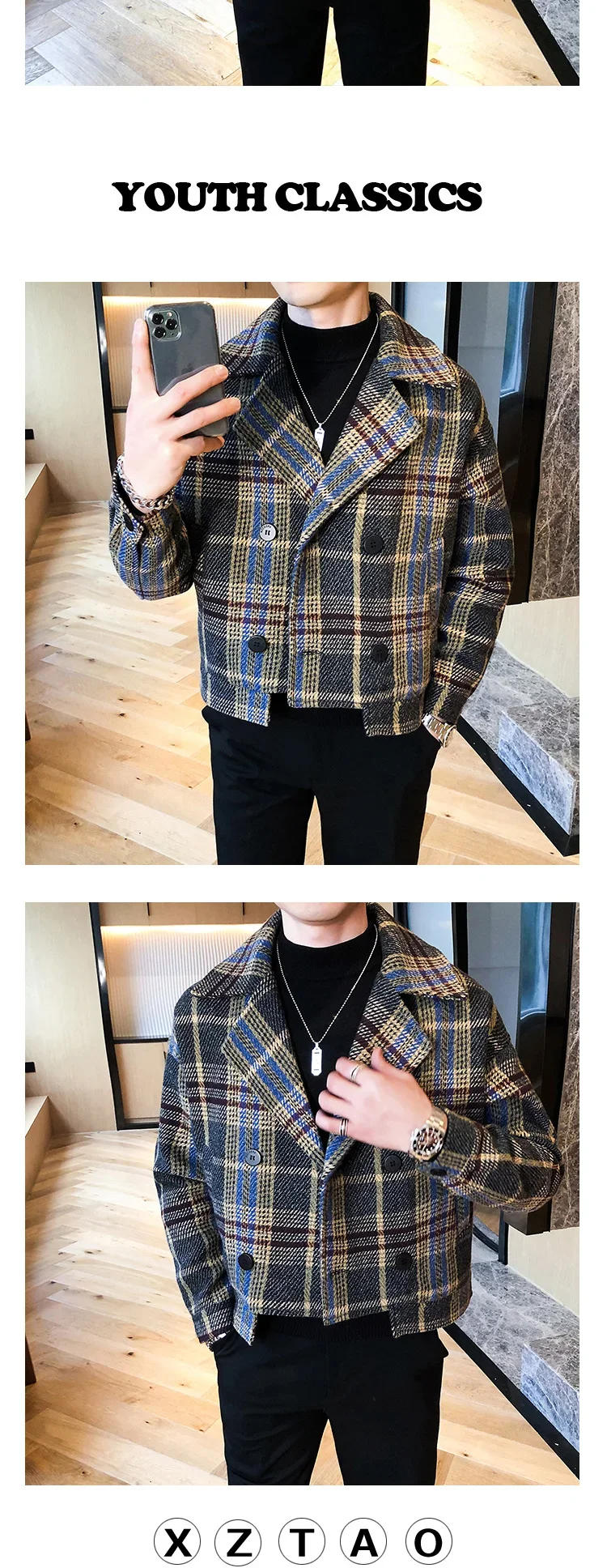 Description Picture 6 of itemWool Blend Trench Coat Hommes Veste Abrigo Largo Hombre Woolen Coat Men Short Erkek Mont Korean Slim Plaid Jacket Men Tweed Coat