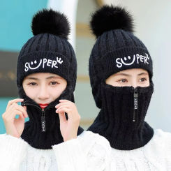 Ski Mask Cap Mountain Climbing Winter Women Cold-proof Thermal knitting Plush Balaclava Hat Hooded Neck Warmer Hike Cycling Cap