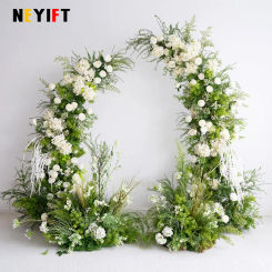 White Rose Hydrangea Mori Green Leaves Wedding Floral Arrangement Bent Moon Floor Flower Party Arch Backdrop Decor Flower Stand