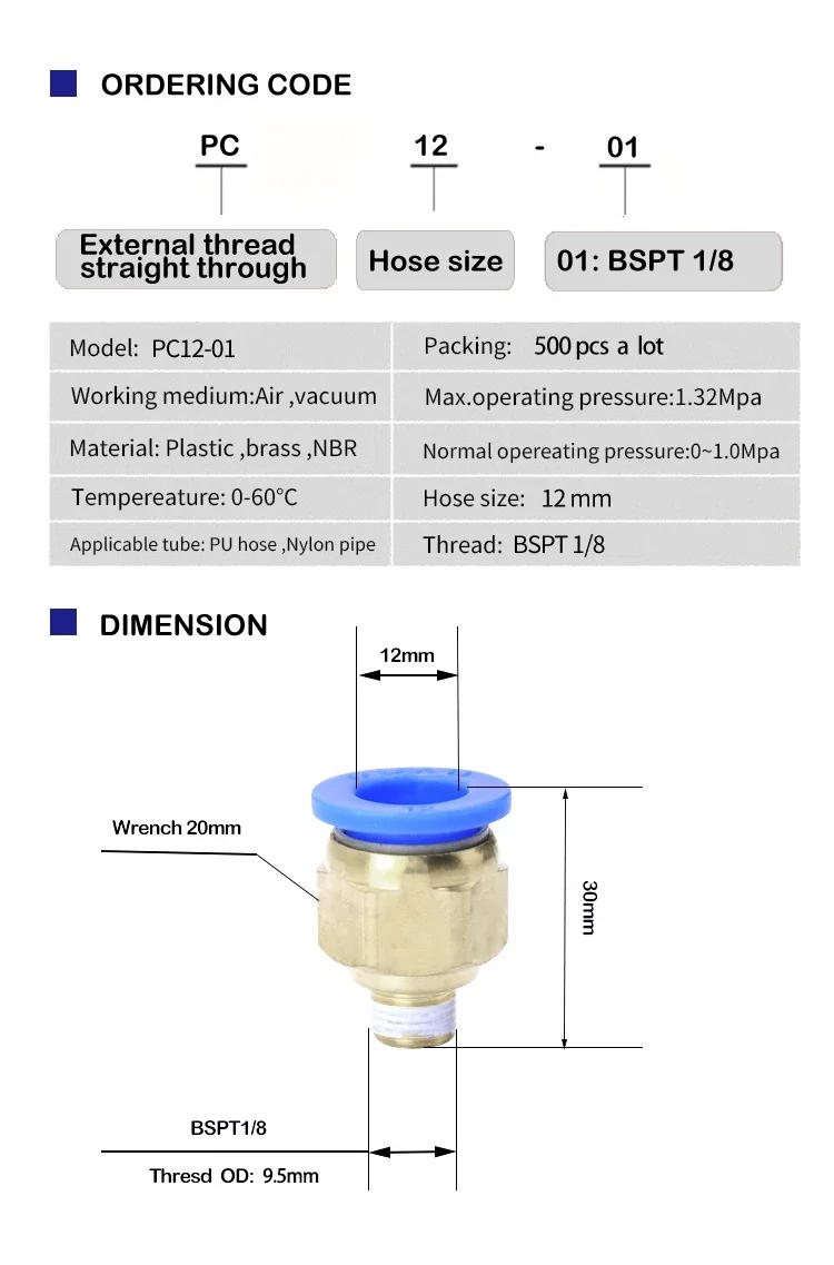 Description Picture 3 of itemPC12-01 500PCS A Lot Quick Air Hose Connector 12mm To Thread BSP 1/8" Male Nipple Brass Coupling One-Touch Pneumatic Fitting