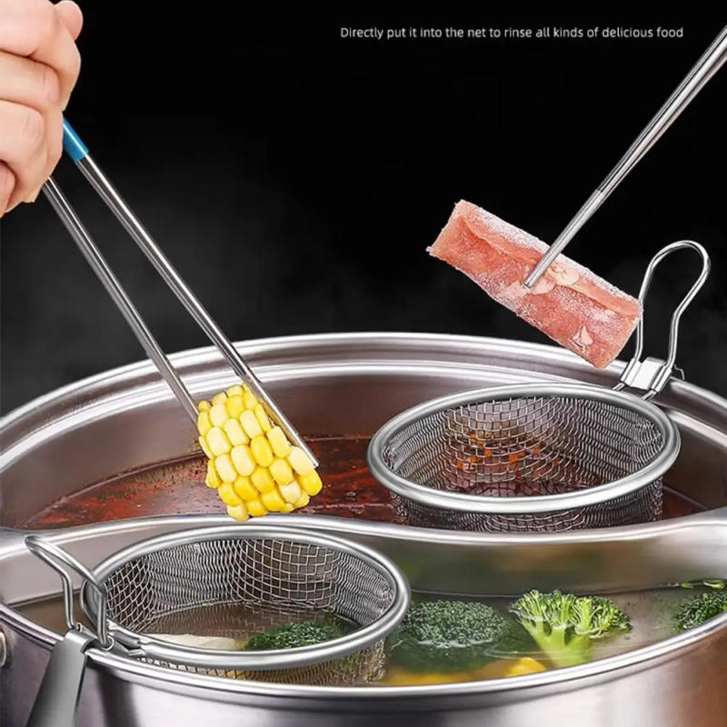 Description Picture 6 of itemStainless Steel Mesh Net Strainer Basket Colander Hot Food To Steam Boil Cook Rinse Strain Pasta Colander Fry Pot Vegetable U6n7