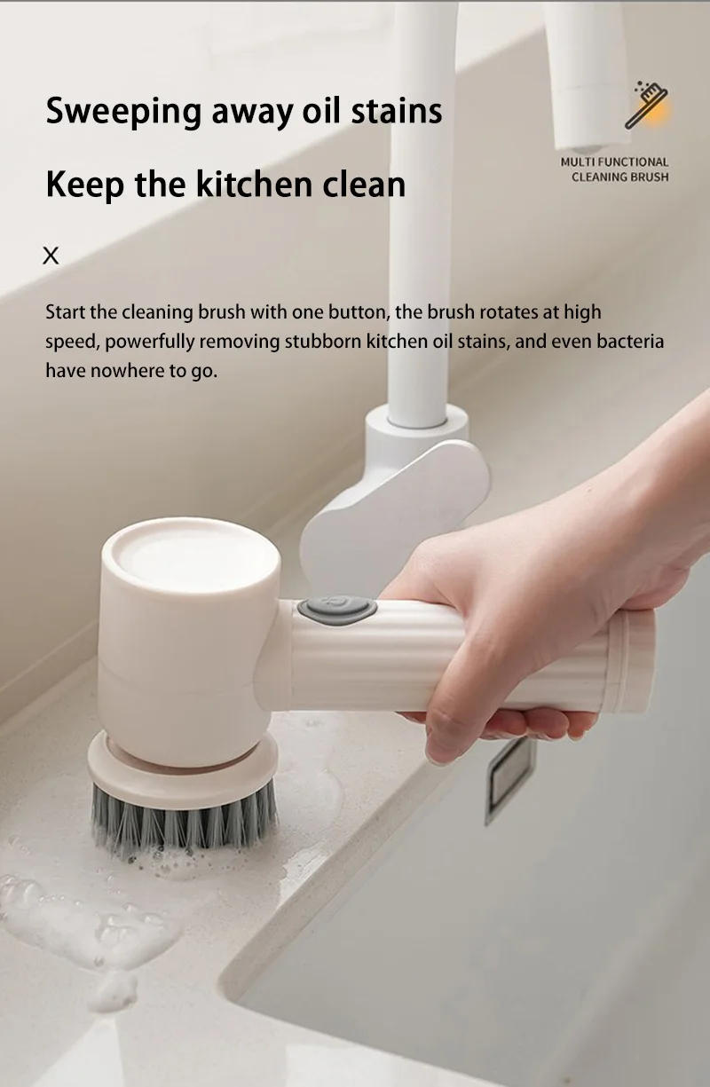 Description Picture 5 of itemCordless Electric Scrubber 7-in-1 Kitchen/Bath Tiles Cleaner USB Rechargeable Spin for Grease Dirt Powerful Scrubbing Brush