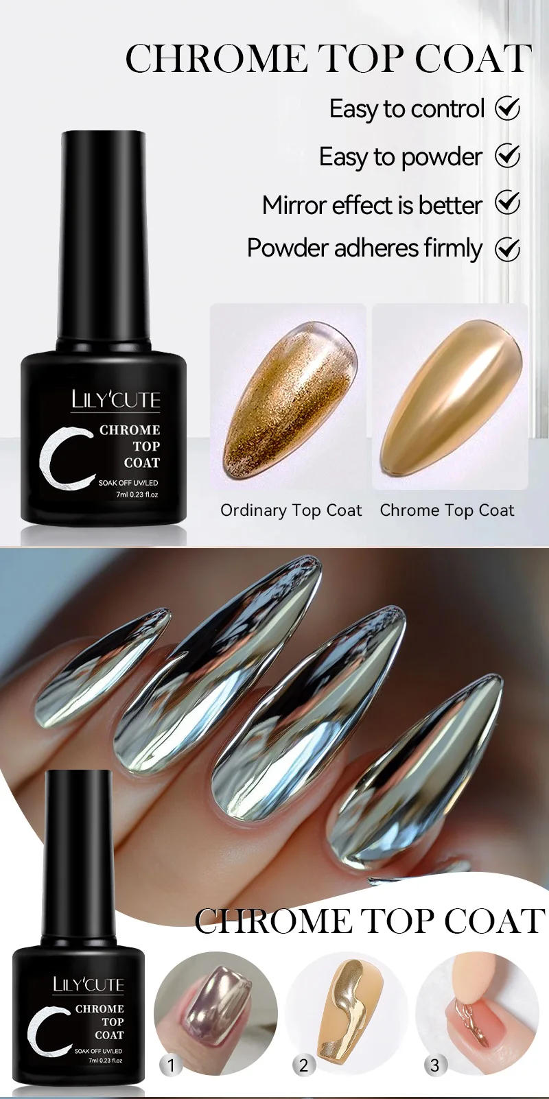 Description Picture 2 of itemLILYCUTE 7ml Chrome Top Coat Function Gel Nail Polish Semi-permanent Soak off Reinforcement Base Gel For Nails Tools Gel Varnish