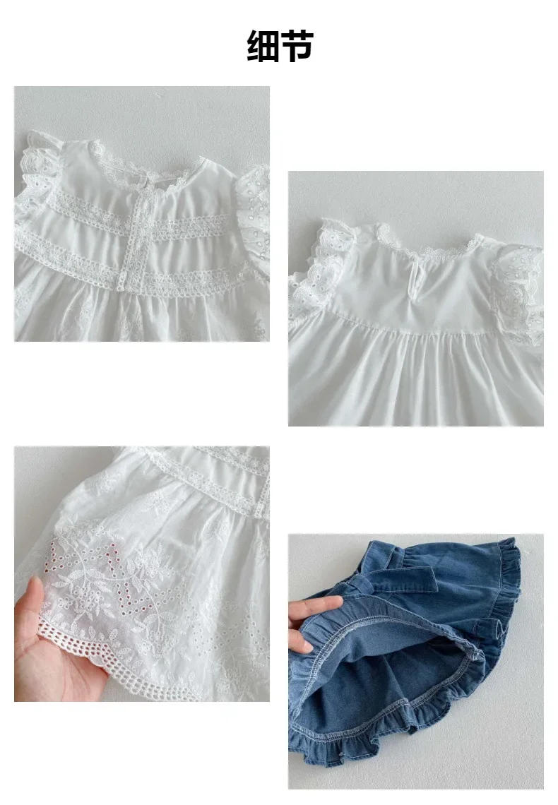 Description Picture 4 of itemGirls' summer thin shirt set, new children's trendy air puff flying sleeve top, denim skirt, two piece outdoor set