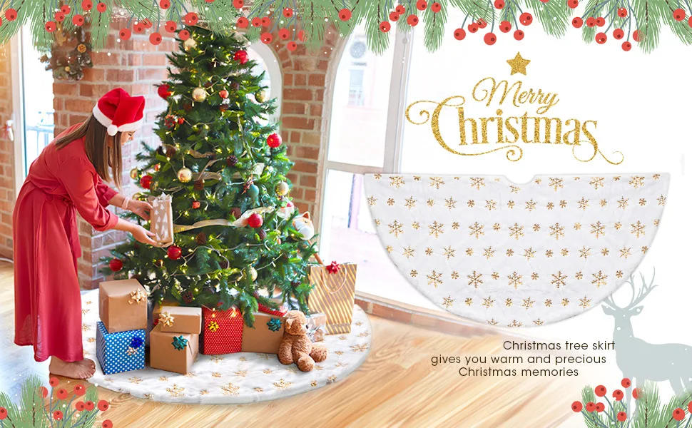 Description Picture 2 of item60/90/122cm Gold Pearl Pequin Christmas Tree Skirt for Xmas Tree Holiday Party White Plush Silver Snowflake Home Decoration