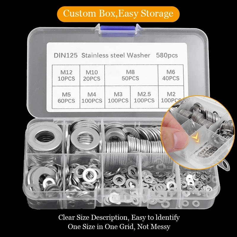 Description Picture 5 of itemStainless Steel Washer Kits Thin Smooth Metal Gaskets M6 M3 Plain Snap Washer M2 M2.5 M4 M5 M8 M10 M12 Screw Flat Washers Rings