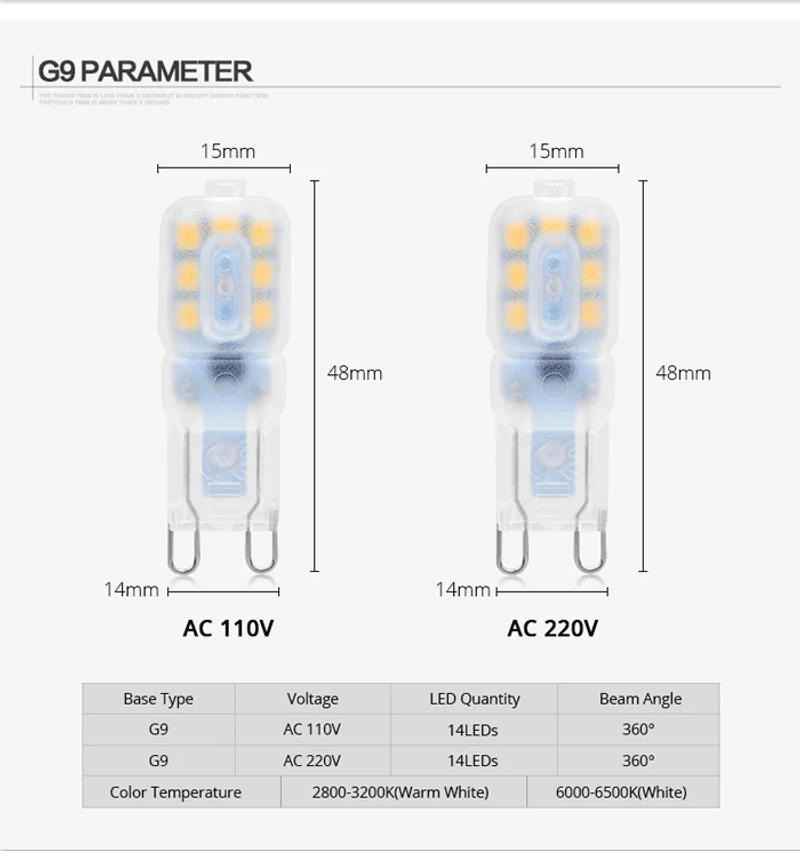 Description Picture 5 of item2pcs G9 LED Lamp 3W 5W 14LEDs Mini LED Bulb SMD2835 Spotlight Chandelier High Quality Replace Halogen Lamps AC/DC 110V 220V 12V
