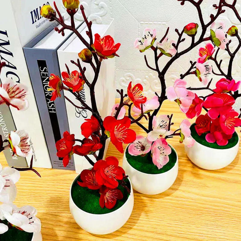 Description Picture 5 of itemArtificial Pot Plant Bonsai Simulation Silk Plum Flowers Silk Fake Plum Cherry Blossoms Home Wedding Party Decoration