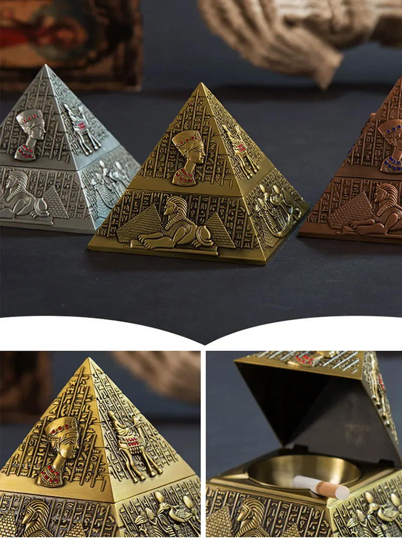 Description Picture 2 of itemRetro Cigarettes Ashtrays Egyptian Pharaoh Pyramid Shape Metal Ashtray Home Desktop Decoration Gift Portable Smoke Accessories