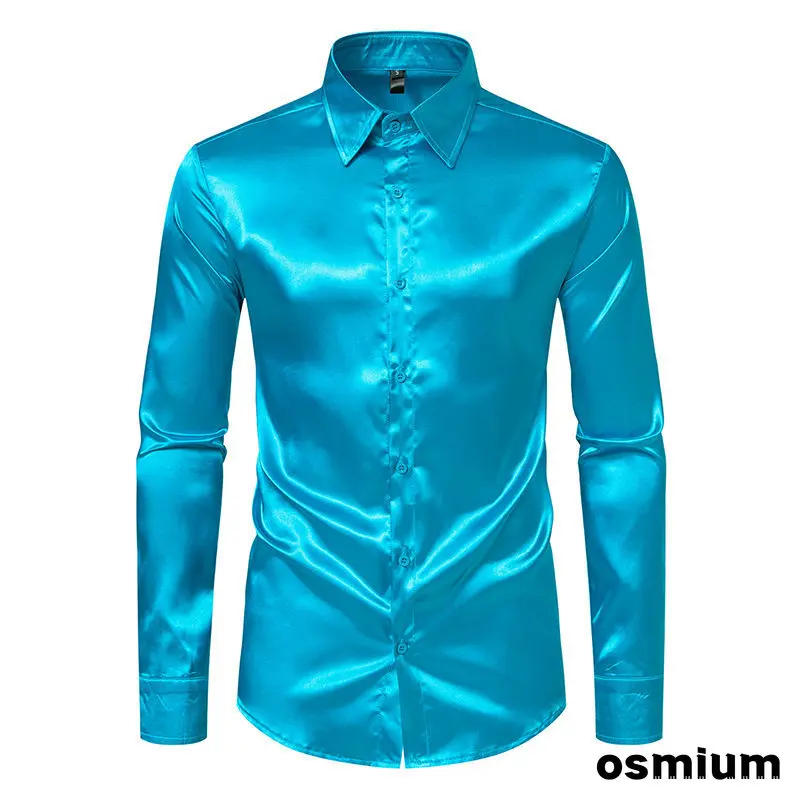 Description Picture 6 of itemMen Autumn Winter Long Sleeve Button Up Dress Formal Shirt Mens Satin Nightclub Shirt Plus Size Gold Blue Performance Clubwear