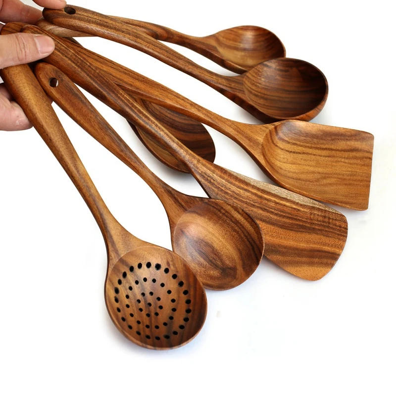 Description Picture 3 of item1~9PCS Thailand Teak Natural Wood Tableware Spoon Ladle Turner Long Rice Colander Soup Skimmer Cooking Spoons Scoop Kitchen Tool