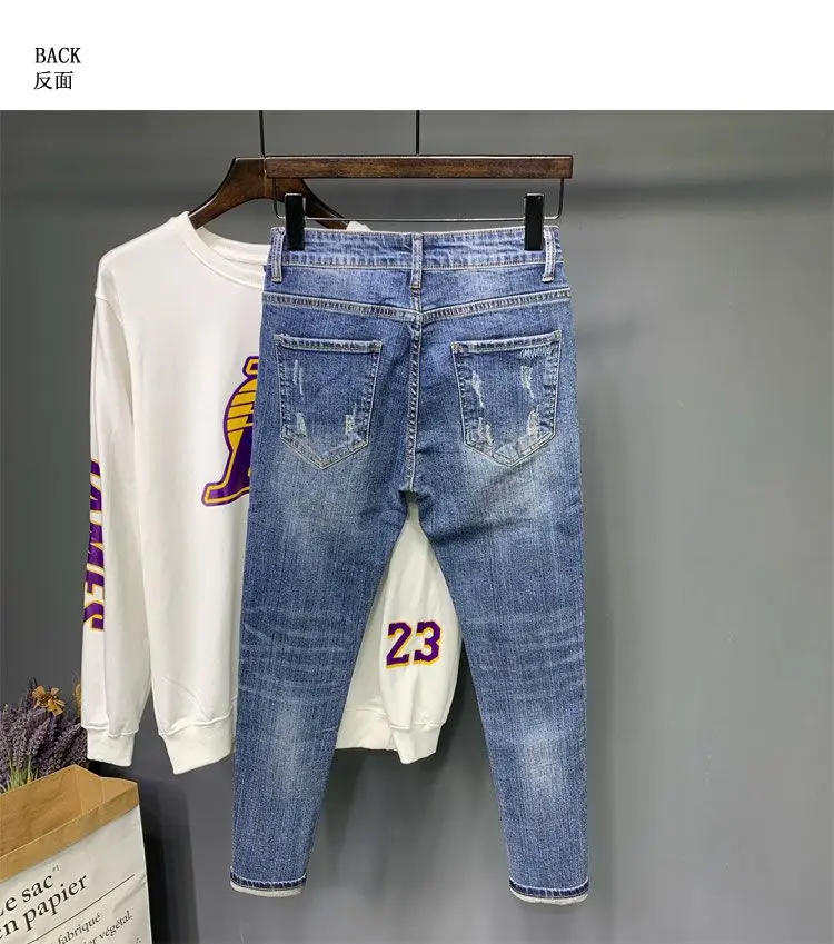 Description Picture 4 of itemNew Korean Trendy Men's Distressed Denim Casual Pencil Pants Spring and Autumn Blue Jeans Washed Luxury Cowboy Streetwear Pants