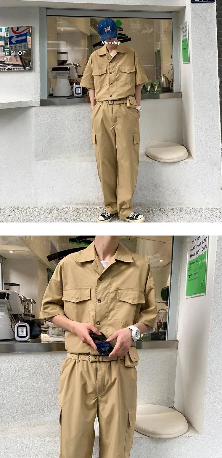 Description Picture 6 of itemMale Fashion with Leather Belt Bag Men Cargo Overalls Streetwear Korean Rompers Pockets Short Sleeve Button Jumpsuits Women Men
