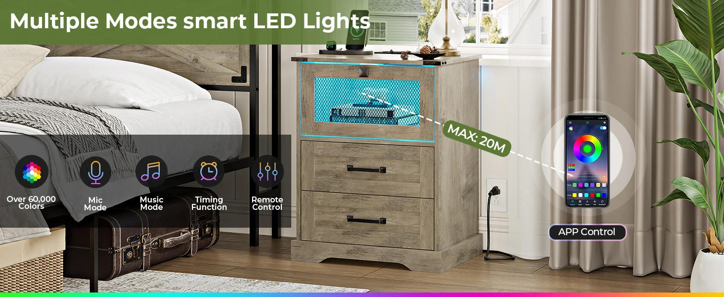 Description Picture 5 of itemRustic Oak Farmhouse Nightstand Set of 2 with LED Lights, Charging Station & Cubby Bedroom Furniture Storage Organizer