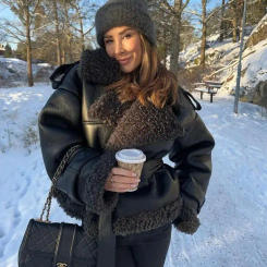 Vintage Faux Pu Leather Winter Jackets Women Casual Patchwork Lace Up Full Sleeve Female Coat Turn-down Collar Ladies Outwears