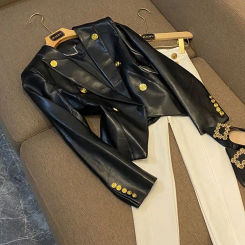 New Fashion Slim Fit PU Leather Jacket Women Clothing Autumn/Winter Business Outfits Gold Button Black Suit Blazer Women Coat