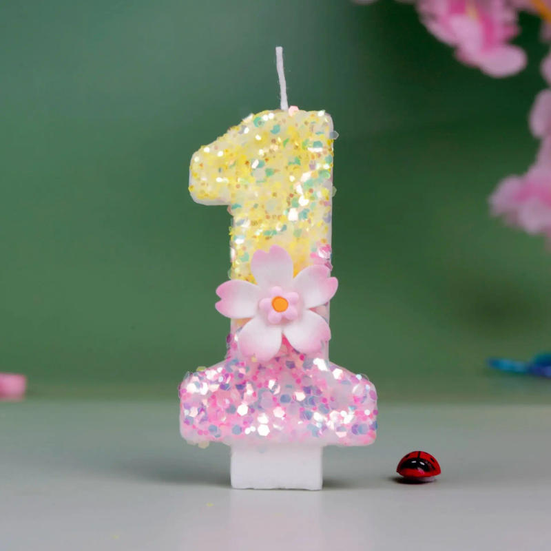 Description Picture 3 of itemHappy Birthday Glitters Number 0-9 Cherry Blossom Candles Birthday Cake Toppers Decorations Baby Shower Wedding Party Supplies