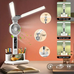 Rechargeable LED Table Lamp for Study Desk Lamp Reading Light Eye Protection Night Light with Fan Led Clock Dispaly Reading Lamp