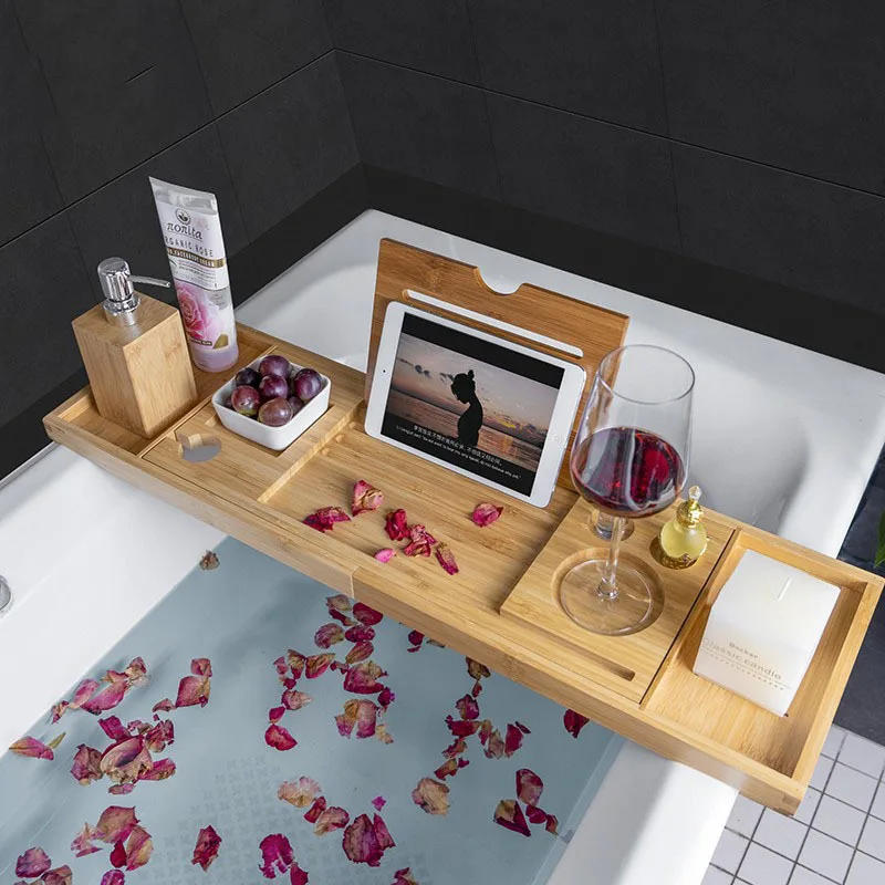 Description Picture 3 of itemExtendable Spa Bathtub Bamboo Bathtub Tray Caddy Organizer Rack Book Wine Tablet Holder Nonslip Bottom Bath Tub Tray Shelf