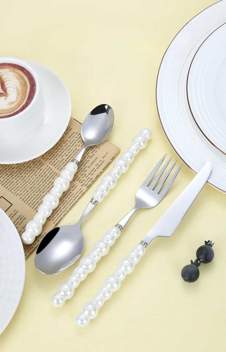 Description Picture 2 of item4Pcs Gold Dinnerware Set Stainless Steel Cutlery Knife Tea Fork Coffee Spoon Pearl Ceramic Handle Flatware Utensils for Kitchen