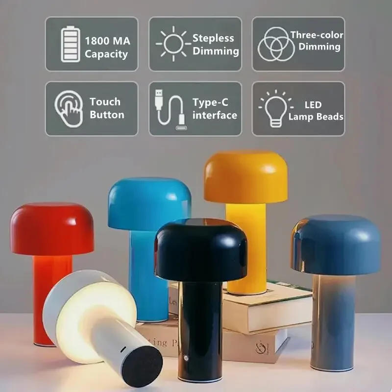 Description Picture 4 of itemMushroom Table Lamp Portable Italian Design Wireless Touch USB Rechargeable Decoration for Bedroom Desktop Night Light Desk Lamp