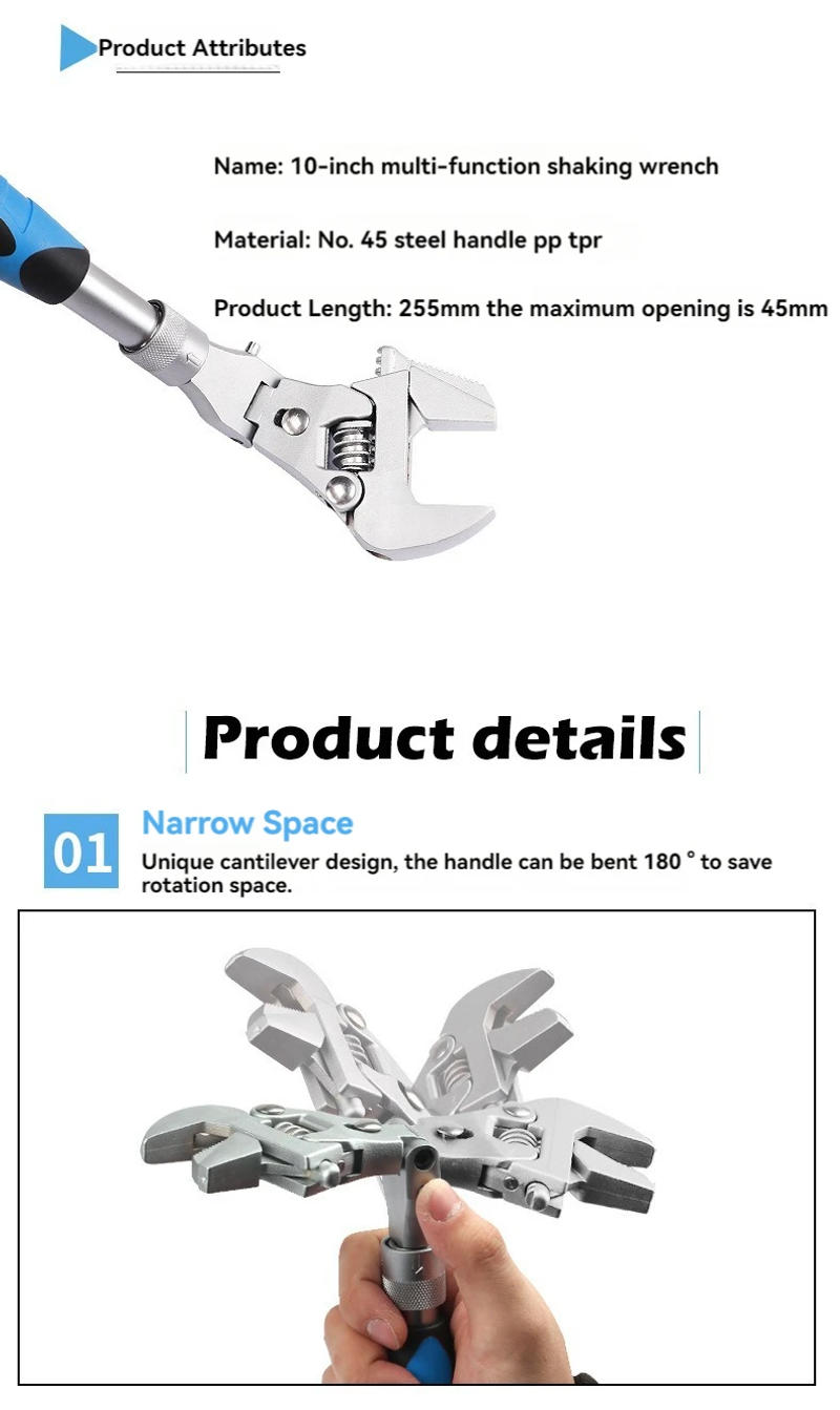 Description Picture 4 of item5 in 1 Retractable Movable Adjustable Ratchet Wrench 180° Foldable Head Torque Wrench Dual-purpose Pipe Wrench Hand Tools