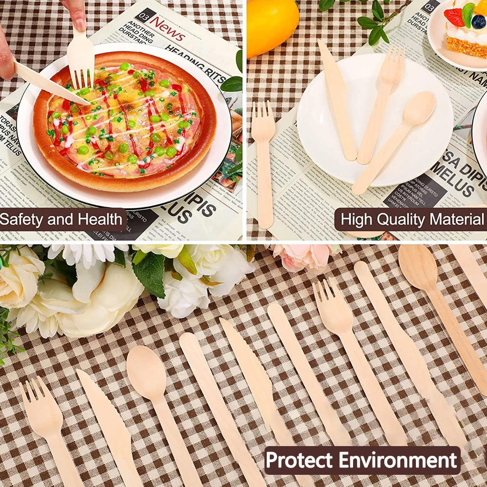 Description Picture 6 of item10/100/500Pcs Disposable Wooden Cutlery Forks/Spoons/Cutters Knife Party Picnic Supplies Kitchen Utensil Dessert Tableware 16cm