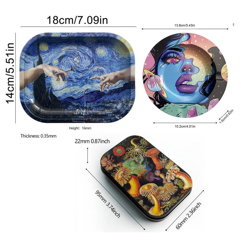 Description Picture 3 of item3Pcs Small Roller Cigar Case Storage TinPlate Round Ashtray Container 18*14cm Metal Cig Rolling Tray Tobacco Accessories