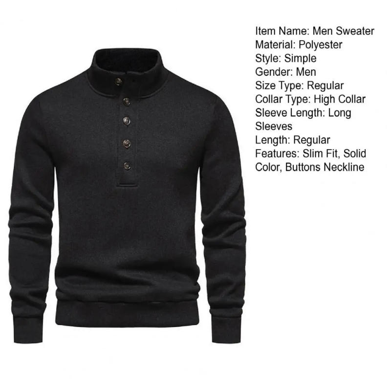 Description Picture 3 of itemMen Warm Stand Collar Sweater Men's Turtleneck Button Down Sweater Autumn Winter Solid Color Knit Lightweight Long for Casual
