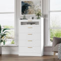 Modern 5 Drawer Dresser, Tall White Dresser Chest of Drawers with Gold Handles, Wood Dresser Storage Cabinet with Anti-Drop