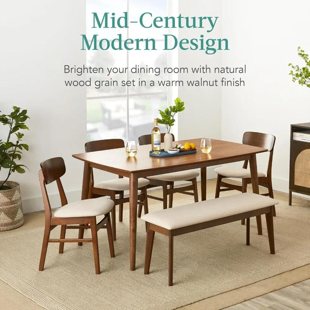 Description Picture 3 of item6-Piece Dining Set Mid-Century Modern Wooden Table & Upholstered Chair Set for Home Kitchen Dining Room W/ 4 Chairs