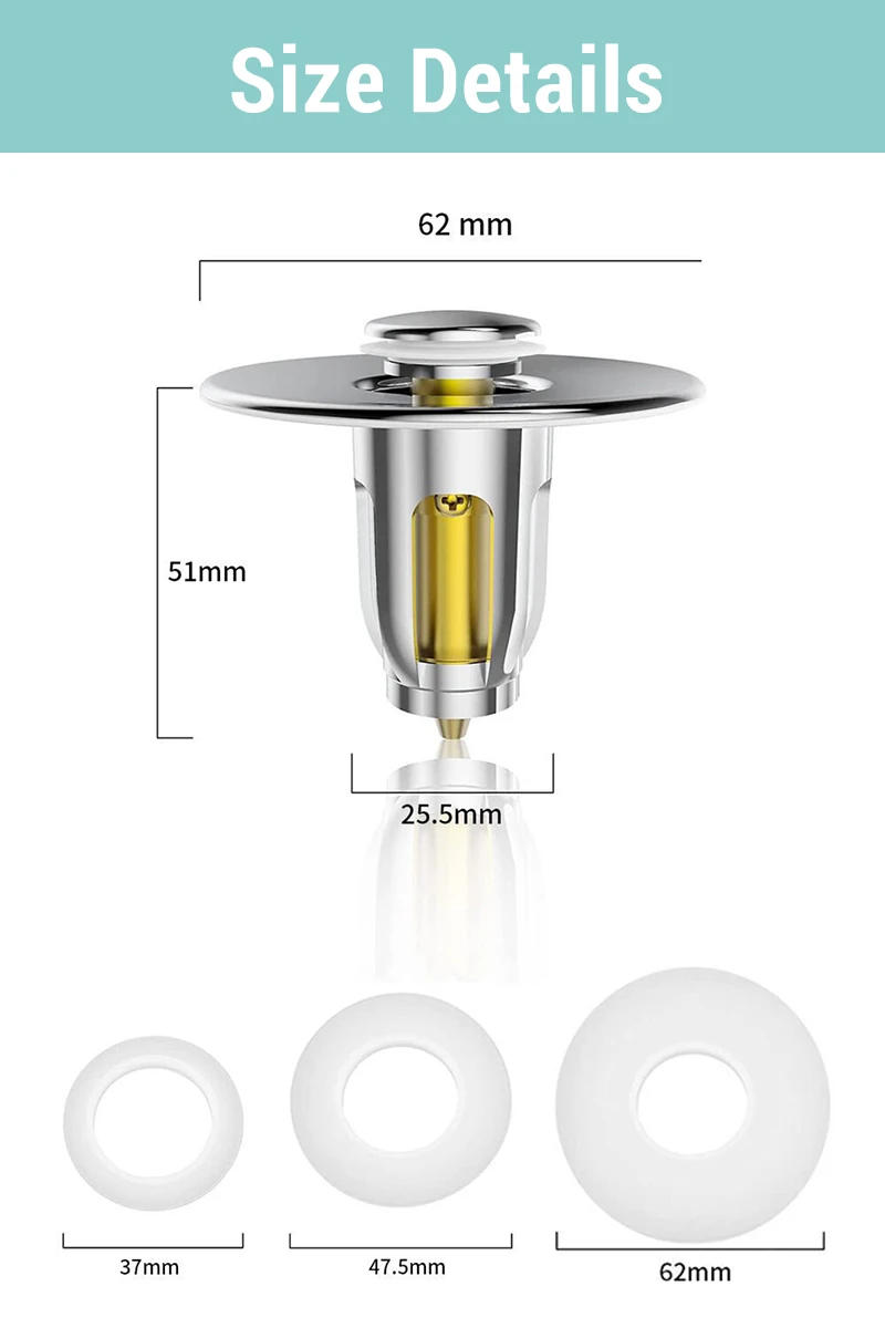 Description Picture 6 of itemUniversal Stainless Steel Pop-Up Bounce Core Basin Drain Filter Hair Catcher Shower Sink Strainer Bath Stopper Bathroom Tool