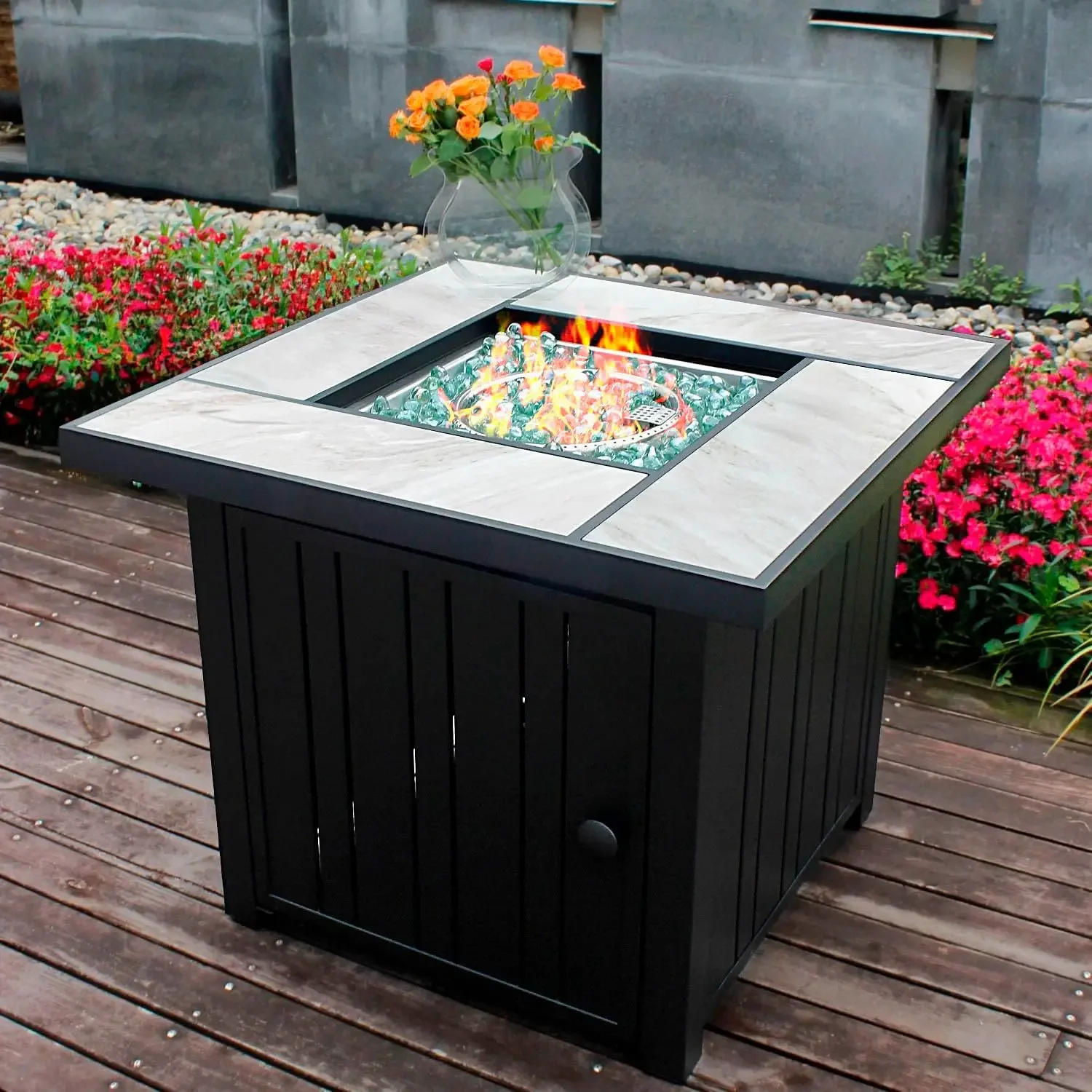 Description Picture 2 of item30" Propane Fire Pit with Real Ceramic Tabletop, 50000 BTU Gas Fire Pit Table with Lid&Glass Rock, Outdoor Fire Pit table