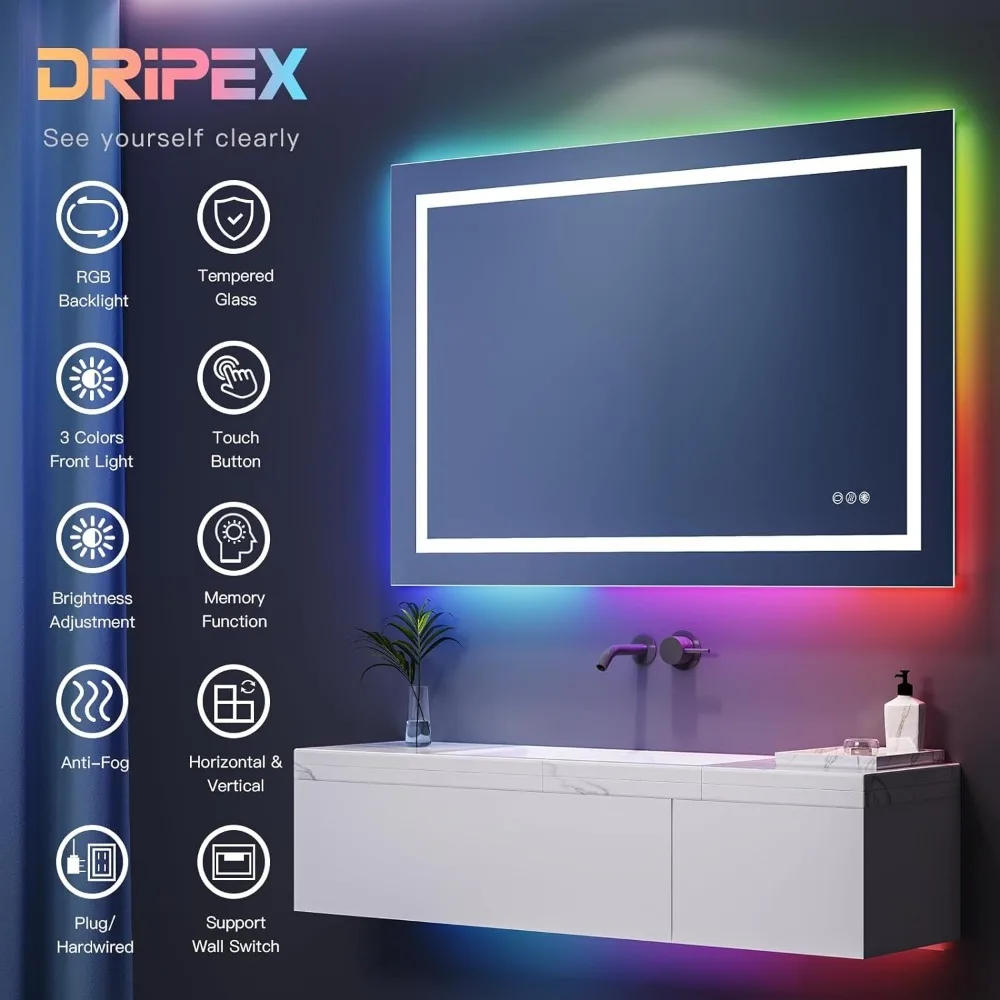 Description Picture 5 of itemWall Mounted Bathroom Vanity Mirror RGB LED Bathroom Mirror With Light Anti-Fog Dimmable Memory Makeup Mirrors Backlight the