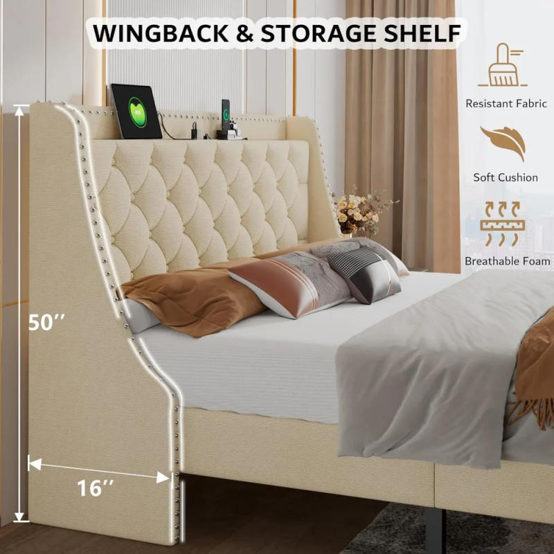 Description Picture 5 of itemKing Bed Frame with 16" Deluxe Wingback & Charging Station, Upholstered Platform Bed with Button Tufted Storage Headboard,Beige