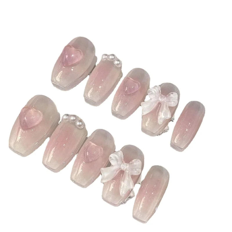Description Picture 5 of itemCute Pink Sweet Princess Removable Handmade Wear Nail Art Y2K Vitality Girl Short Fake Nails Blush Bow Nail Patch