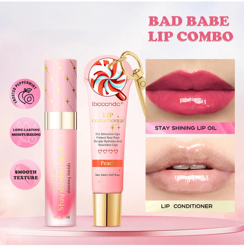 Description Picture 3 of itemLip Gloss Combo Set Bad Babe Peach and Clear with Keychain Long Lasting Hydration Moisturizing Nourish Plumper Makeup Set