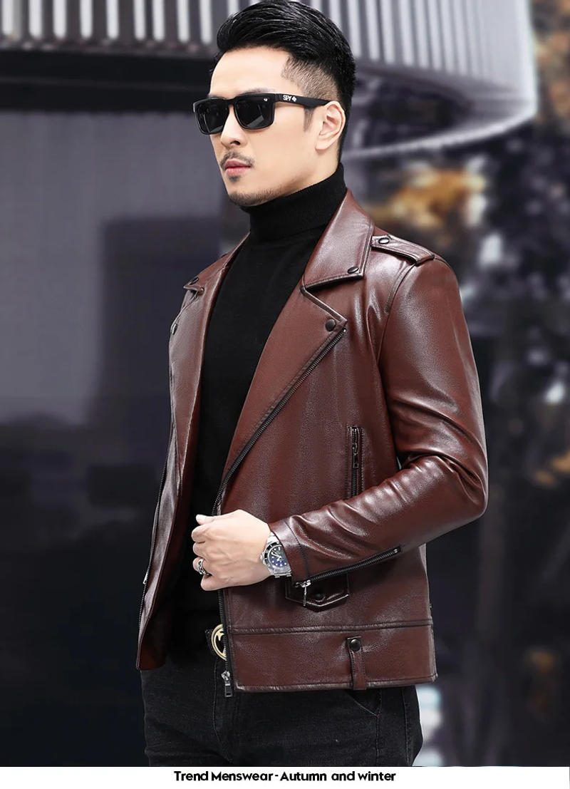 Description Picture 4 of item2024 Autumn Winter Men New Slim Fit Leather Coats Men's Real Sheepskin Outerwear Male Short Motorcycle Jackets M139