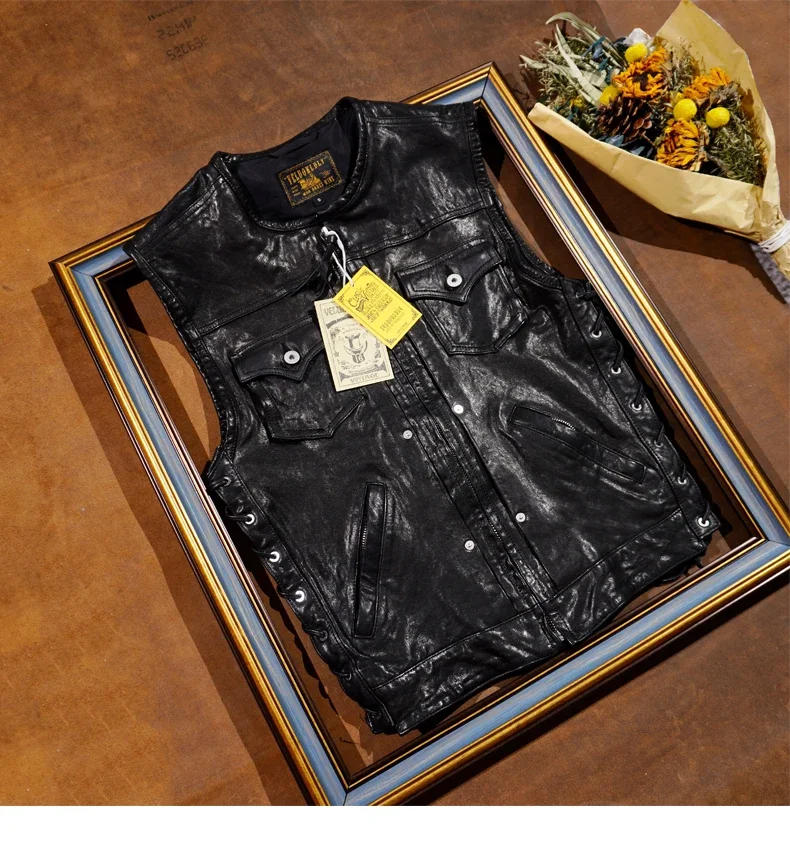 Description Picture 3 of itemWear Heavy Washed Motorcycle Head Layer Full Grain Surface Layer Vegetable Tanned Sheepskin Vest Men's Genuine Leather