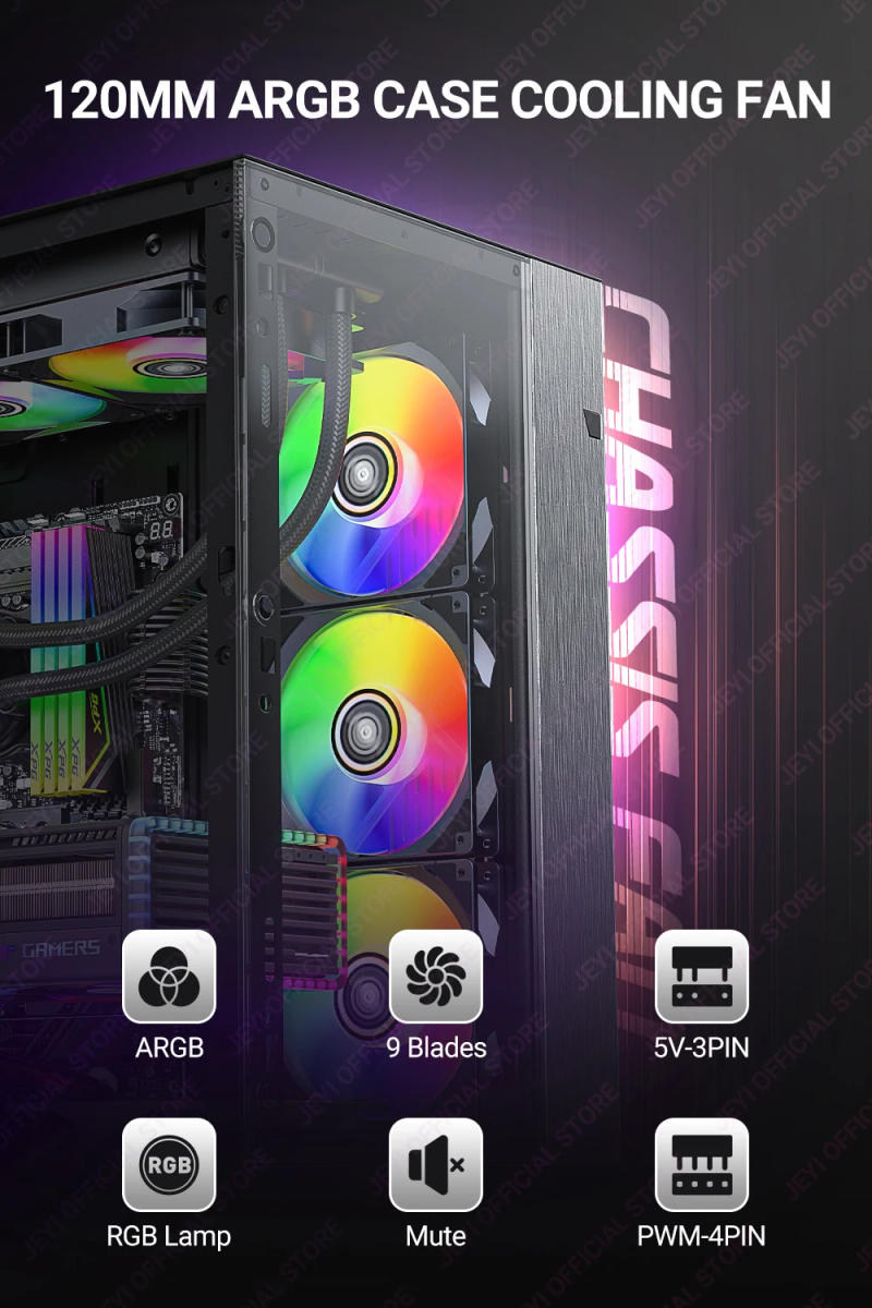 Description Picture 2 of itemJEYI 120mm PC ARGB Cooling Fan AURA SYNC RGB Computer Fans Ultra Silent Heatsink Ventilador with 4PIN PWM and 5V 3PIN ARGB Port