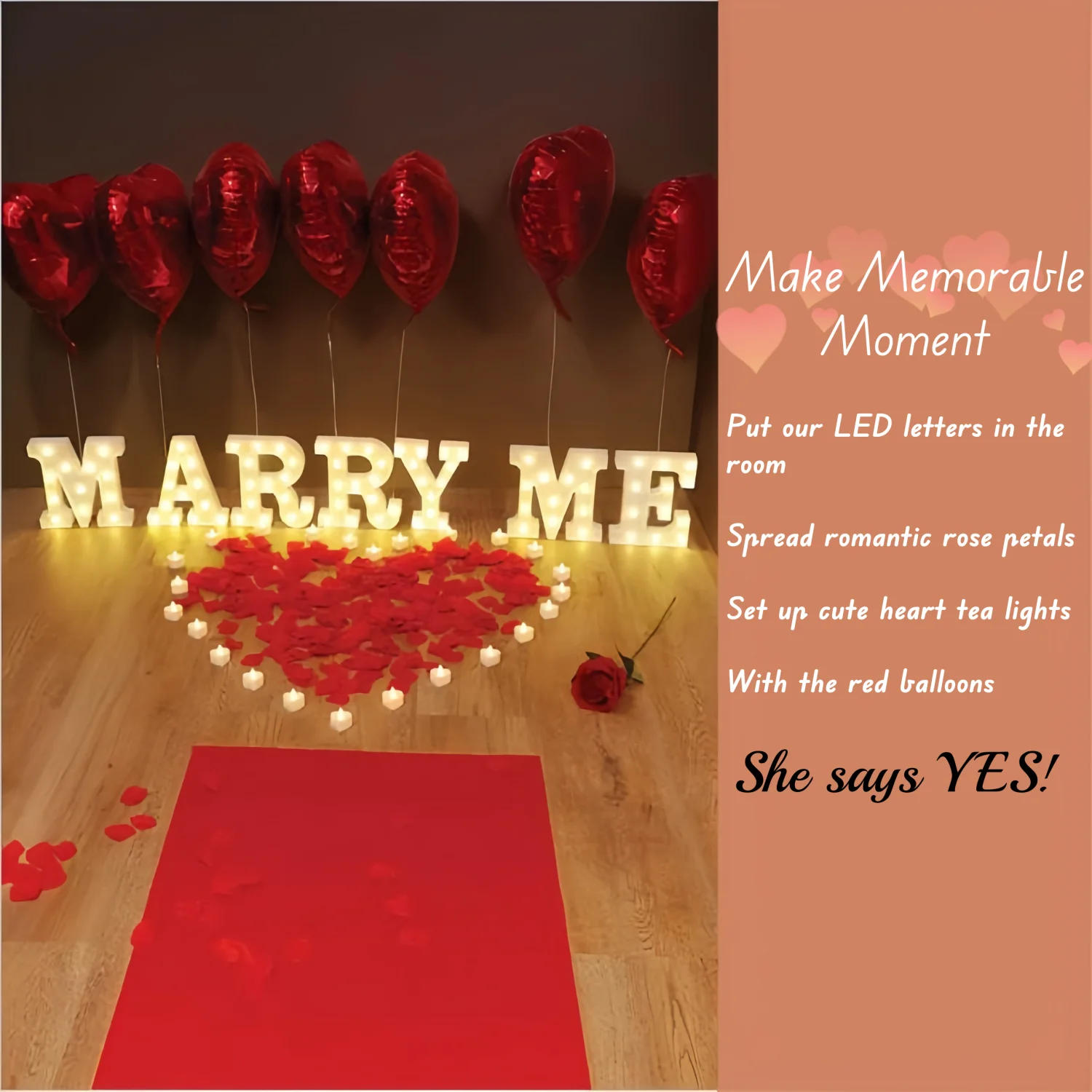 Description Picture 4 of item2045PCS Marry Me Letters Proposal Decorations Will You Marry Me LED Sign Rose Petals LED Candles for Proposal Engagement Wedding