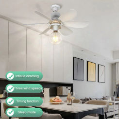 E27 Socket Fan LED Light E27 Base 52cm Indoor Ceiling Fan Light 3 Speeds Low Profile Ceiling Fan for Bedroom Living Room Kitchen