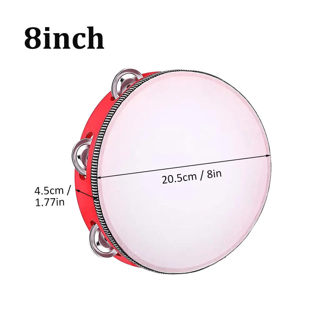 Description Picture 5 of item1Pc Red wooden hand-held tambourines in 4 sizes Single row metal tambourine For church parties Rhythmic percussion instruments