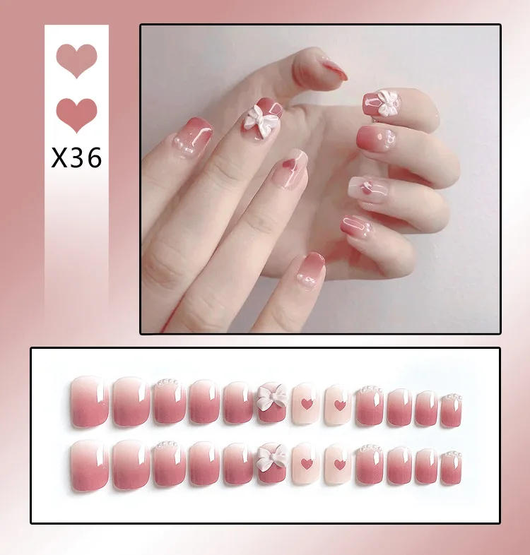 Description Picture 4 of item24Pcs French With Drill Short Fake Nails Press On Nail Tips Artificial Full Cover Cute Bow Wearing False Nails Art Free Shipping