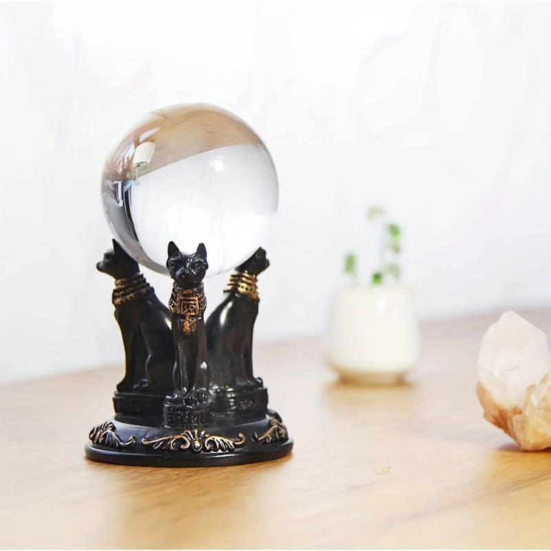 Description Picture 2 of item1pc Cat Crystal Ball Stand Cats Shape Sphere Holder Triple Egyptian Display Base Resin Figurine Statue Office Home Decor