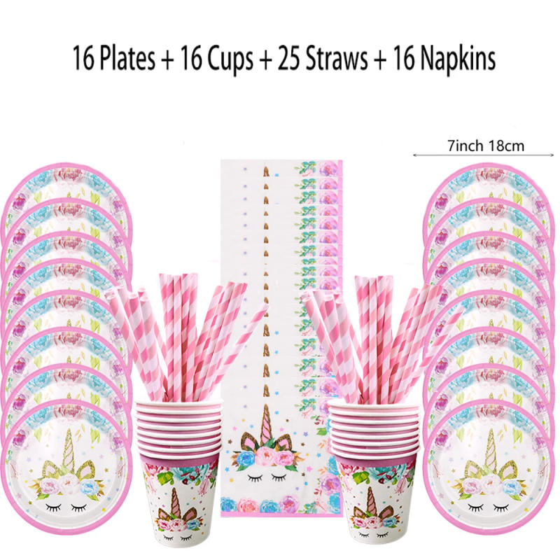 Description Picture 3 of itemUnicorn Birthday Party Disposable Tableware Pink Unicorn Paper Plates Cups Napkins Girls Birthday Party Baby Shower Decoration