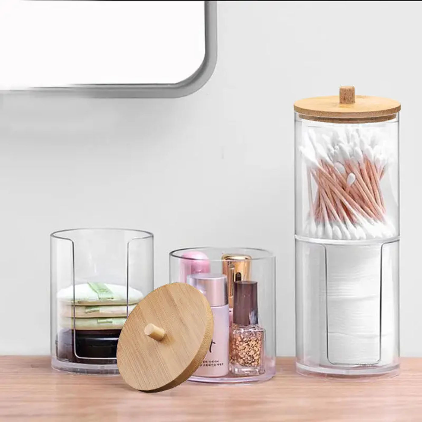 Description Picture 3 of itemWooden Cover Acrylic Storage Box Cosmetic Cotton Organizer Multifunctional Jewelry Box Cotton Swab Storage Box Desktop Organizer